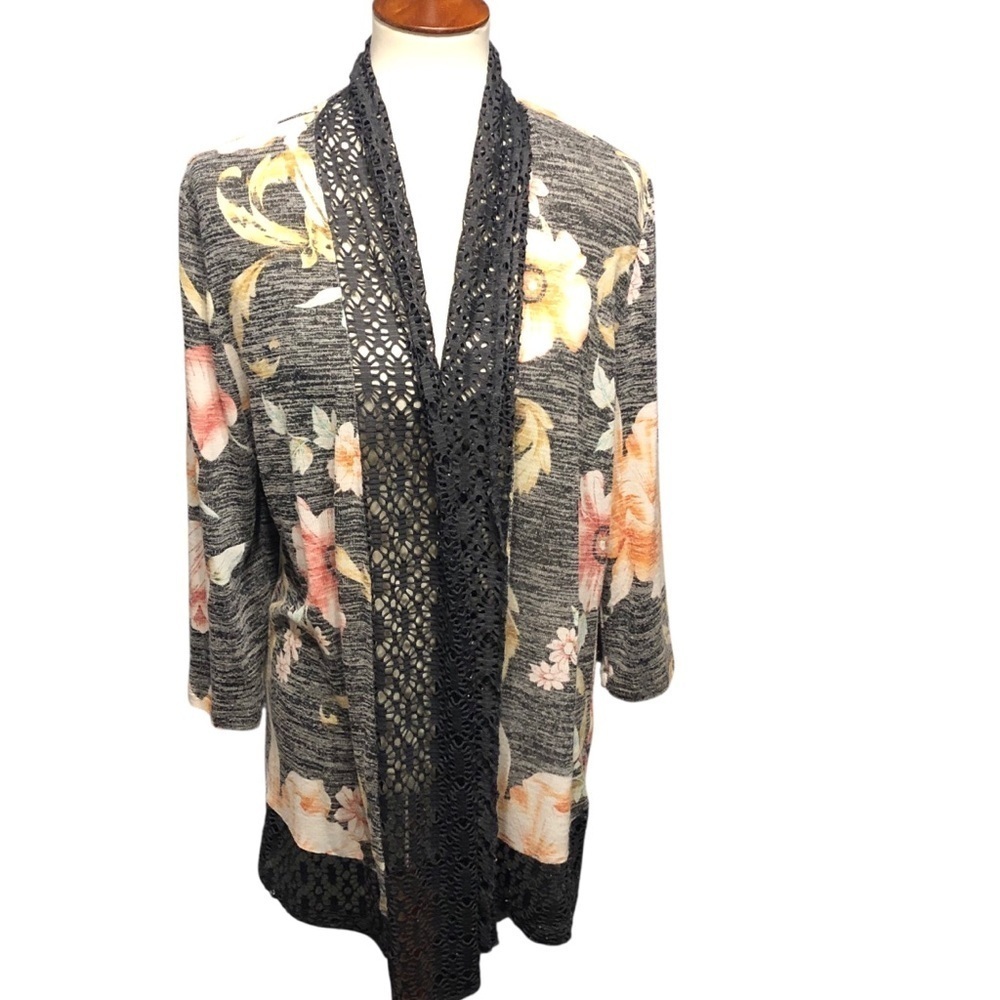 Chicos Sz 2 L Crochet Lace Trim Floral Kimono Boho Festival Feminine Cardigan - Picture 3 of 10